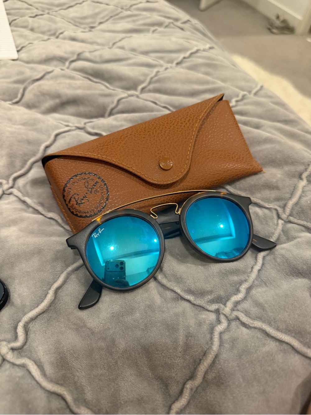 Ray-Ban Matte Black Frame Sunglasses with Blue Mirror Lenses